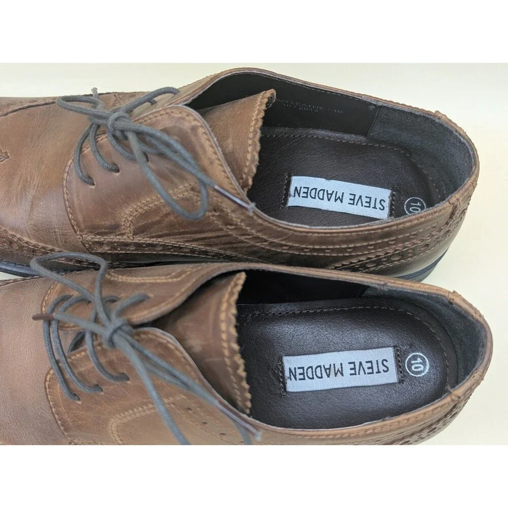Steve Madden Men’s 10 Brown Leather Wingtip Oxfords Brogue Dress Shoes Lace Up